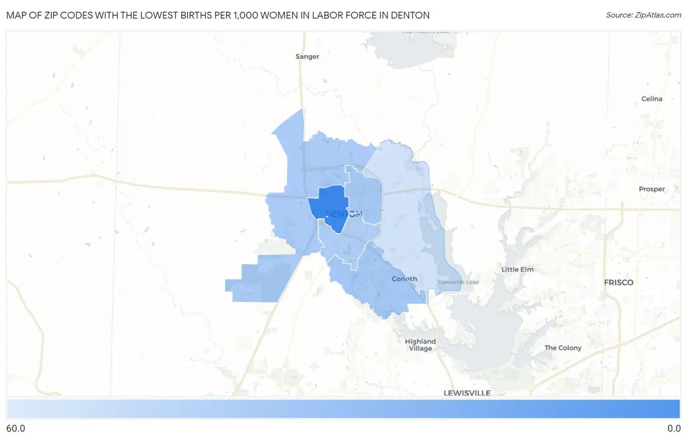 Zip Codes with the Lowest Births per 1,000 Women in Labor Force in Denton Map