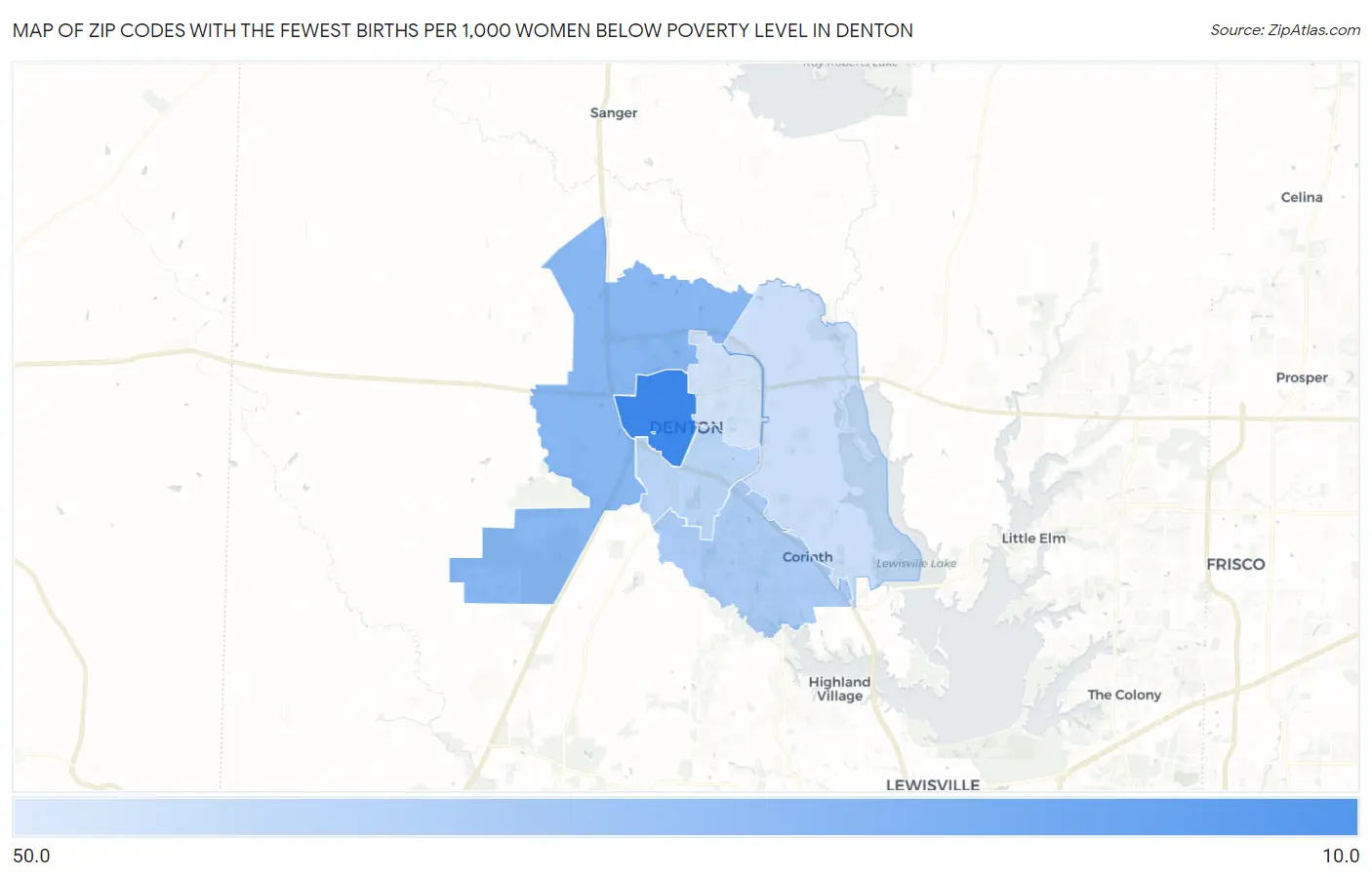 Zip Codes with the Fewest Births per 1,000 Women Below Poverty Level in Denton Map