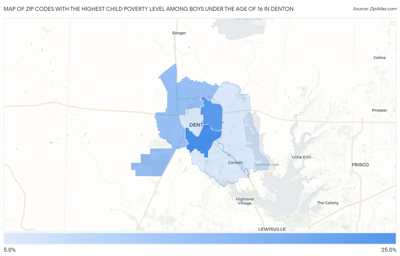 Zip Codes with the Highest Child Poverty Level Among Boys Under the Age of 16 in Denton Map