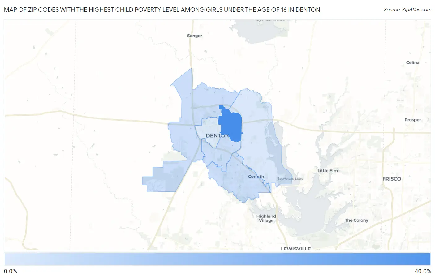 Zip Codes with the Highest Child Poverty Level Among Girls Under the Age of 16 in Denton Map