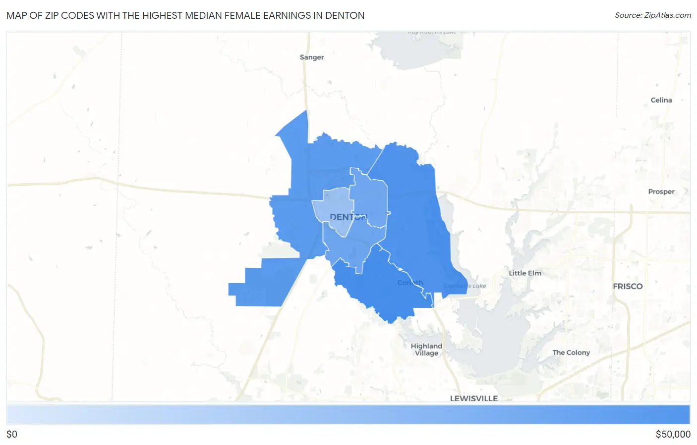 Zip Codes with the Highest Median Female Earnings in Denton Map