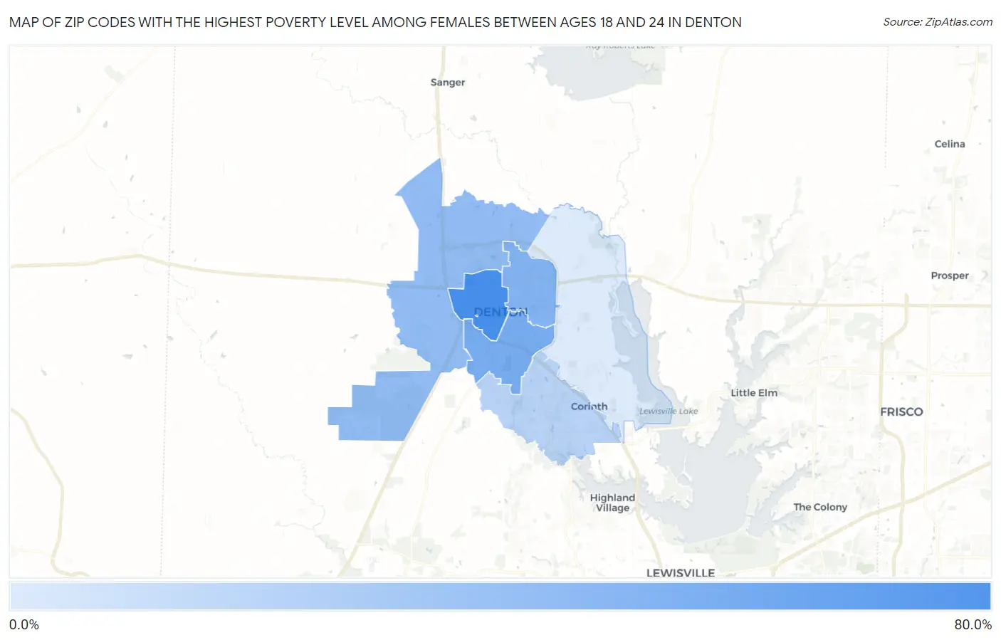 Zip Codes with the Highest Poverty Level Among Females Between Ages 18 and 24 in Denton Map