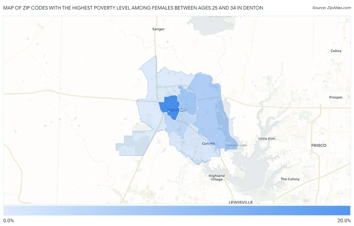 Zip Codes with the Highest Poverty Level Among Females Between Ages 25 and 34 in Denton Map