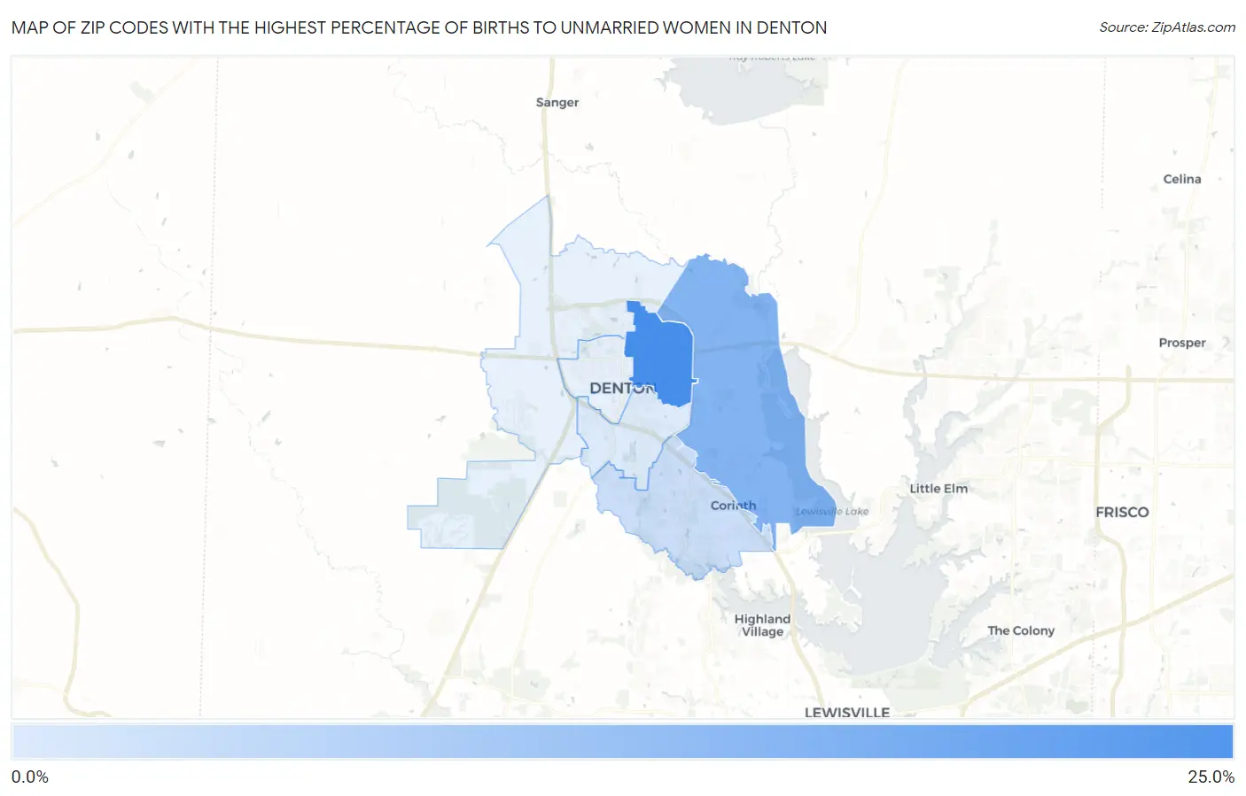 Zip Codes with the Highest Percentage of Births to Unmarried Women in Denton Map