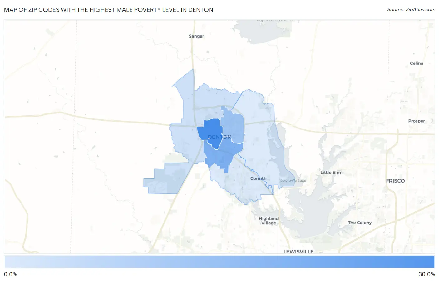 Zip Codes with the Highest Male Poverty Level in Denton Map