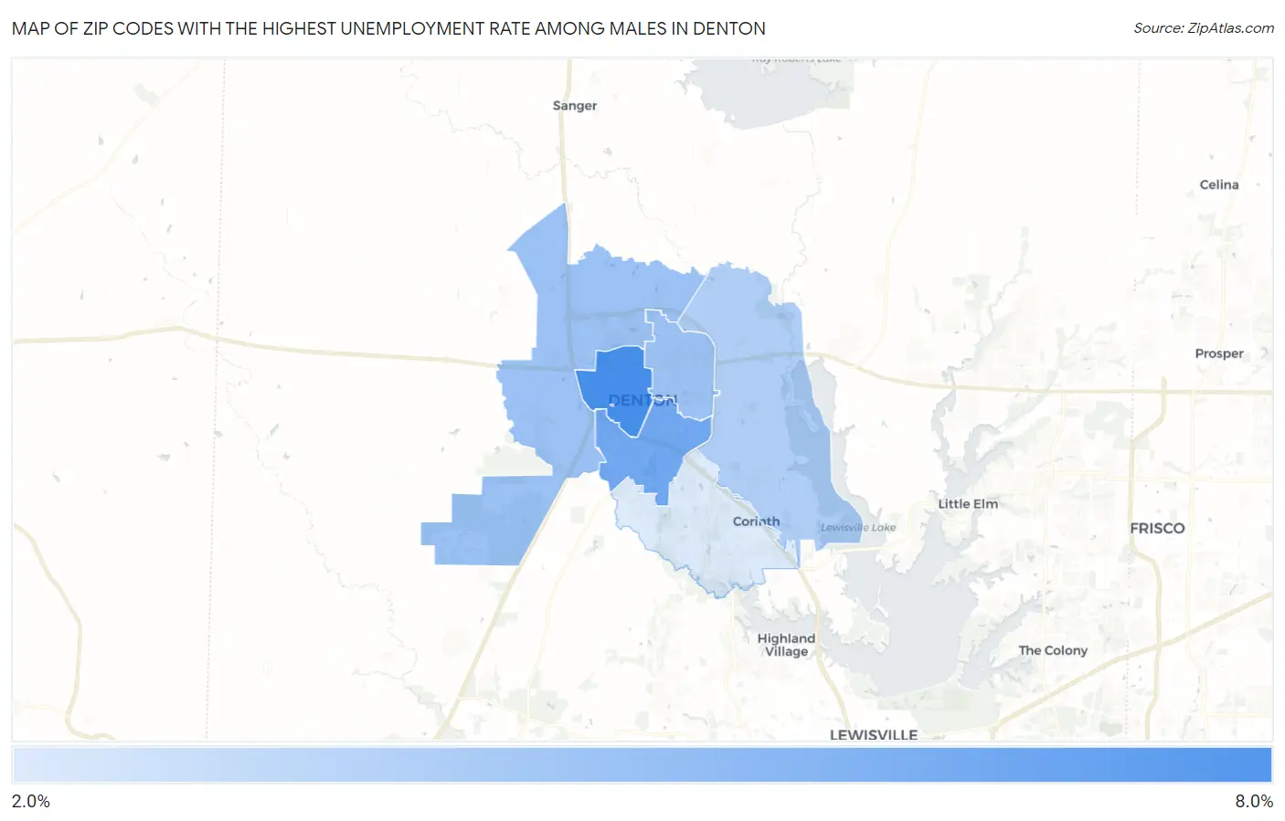 Zip Codes with the Highest Unemployment Rate Among Males in Denton Map