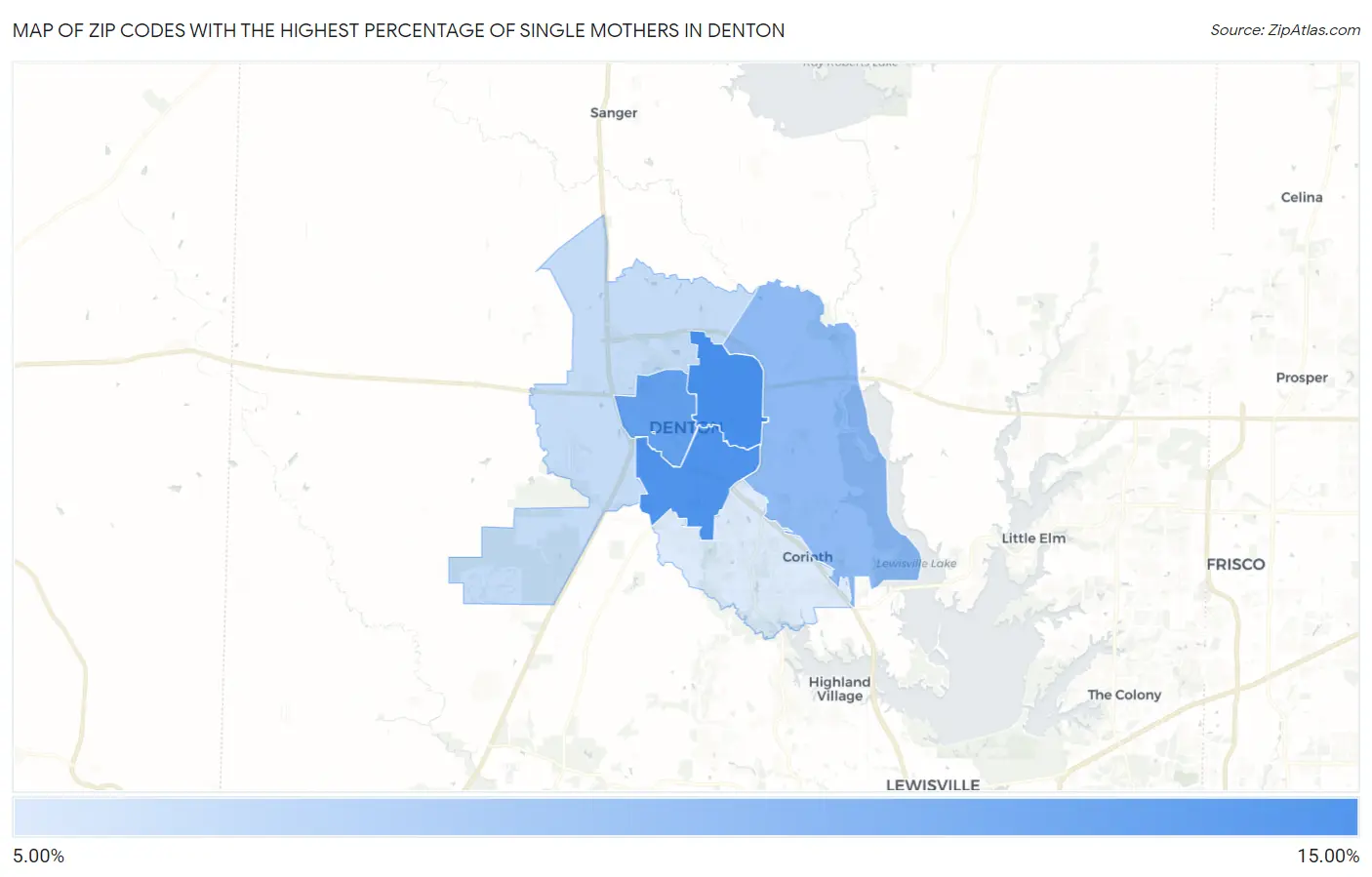 Zip Codes with the Highest Percentage of Single Mothers in Denton Map