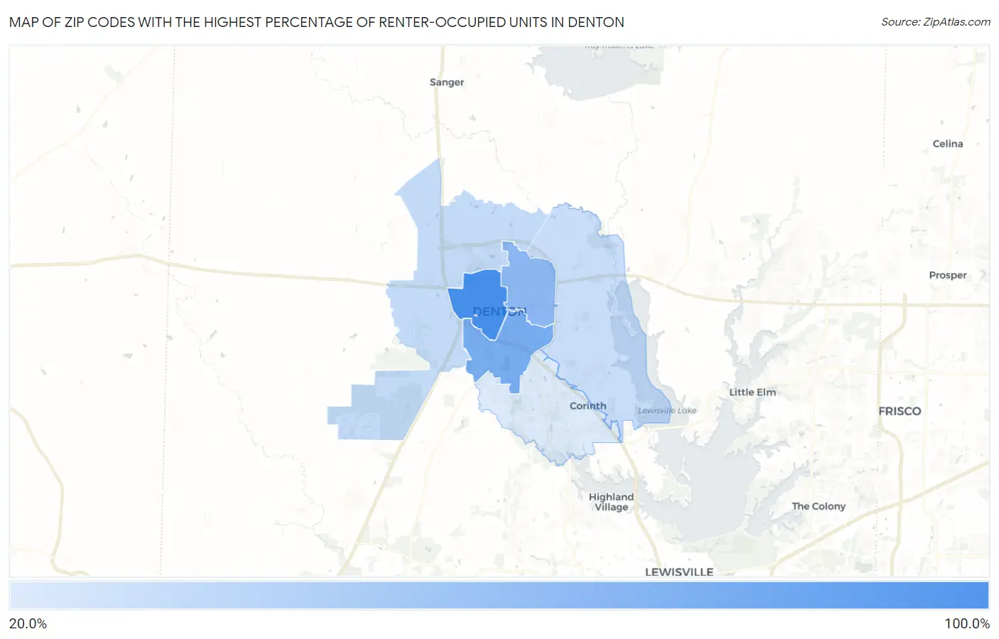Zip Codes with the Highest Percentage of Renter-Occupied Units in Denton Map