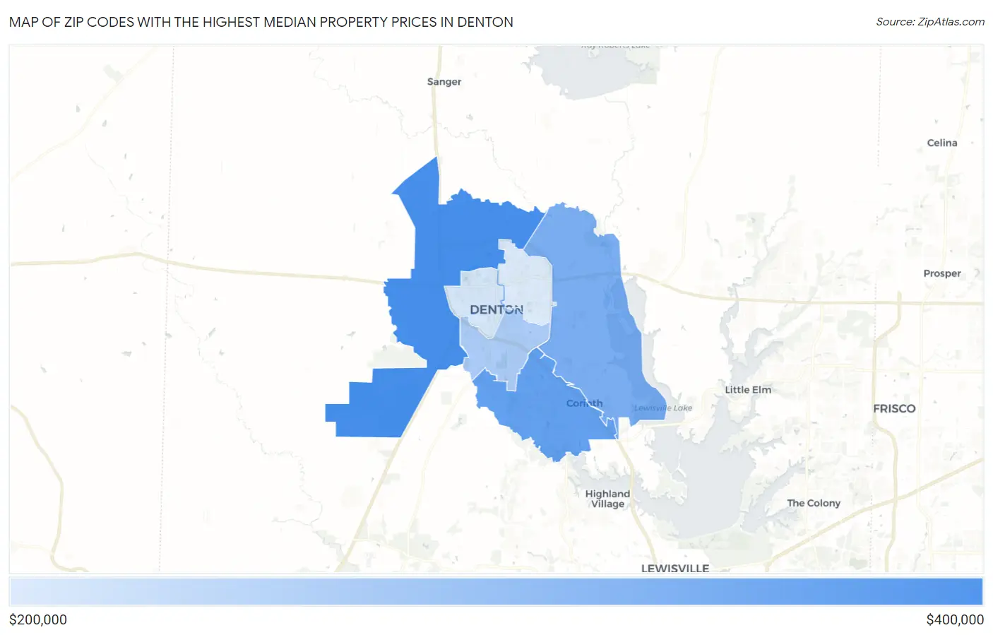 Zip Codes with the Highest Median Property Prices in Denton Map