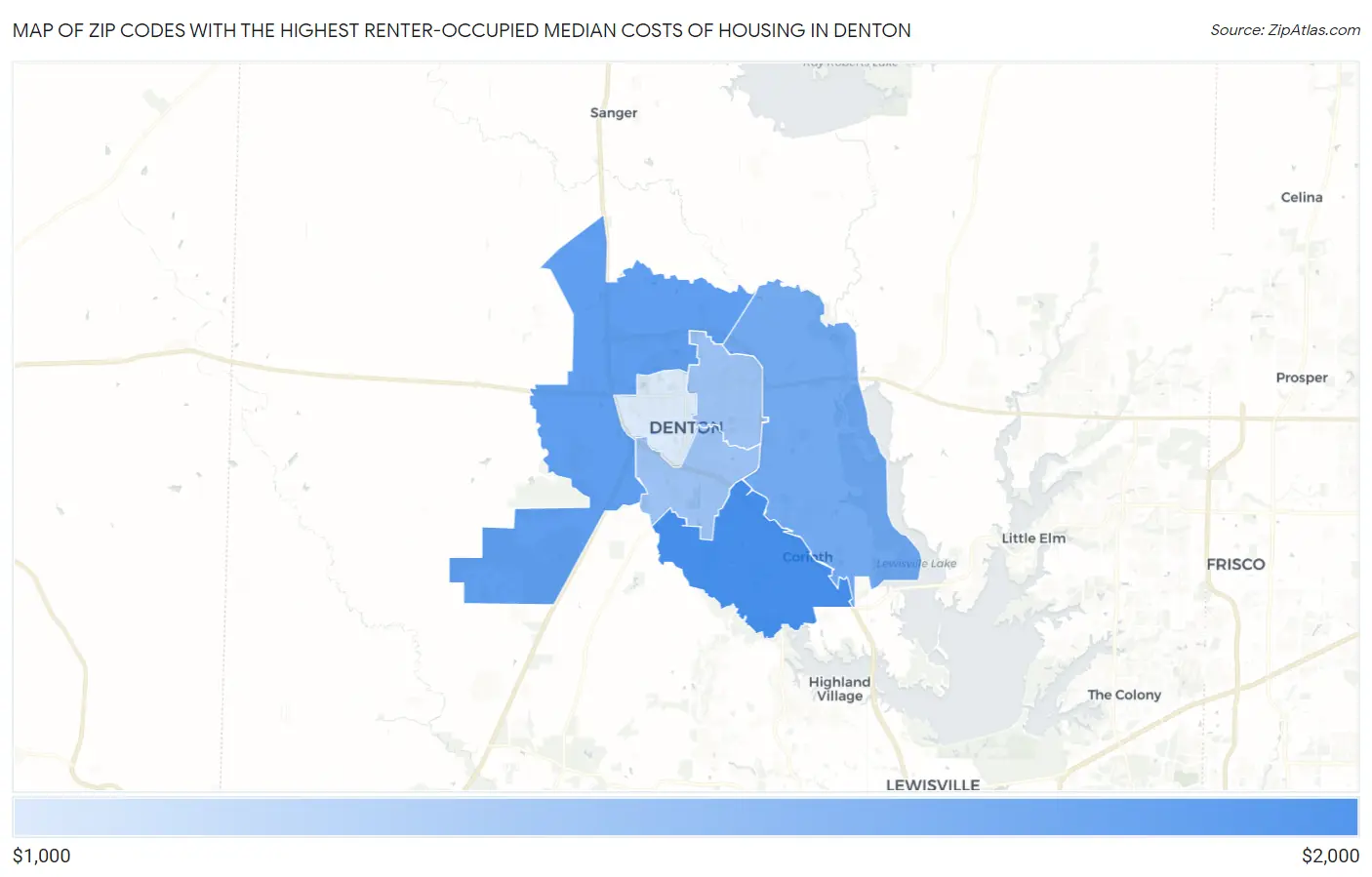 Zip Codes with the Highest Renter-Occupied Median Costs of Housing in Denton Map