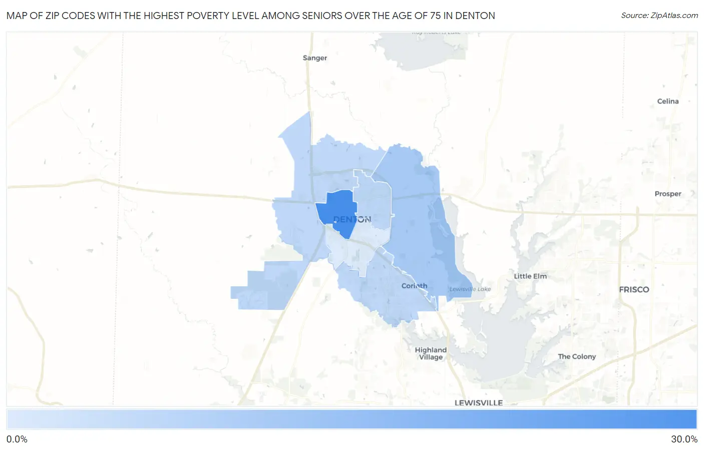 Zip Codes with the Highest Poverty Level Among Seniors Over the Age of 75 in Denton Map