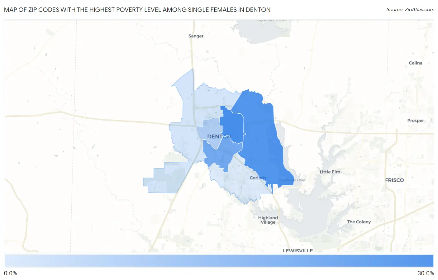 Zip Codes with the Highest Poverty Level Among Single Females in Denton Map