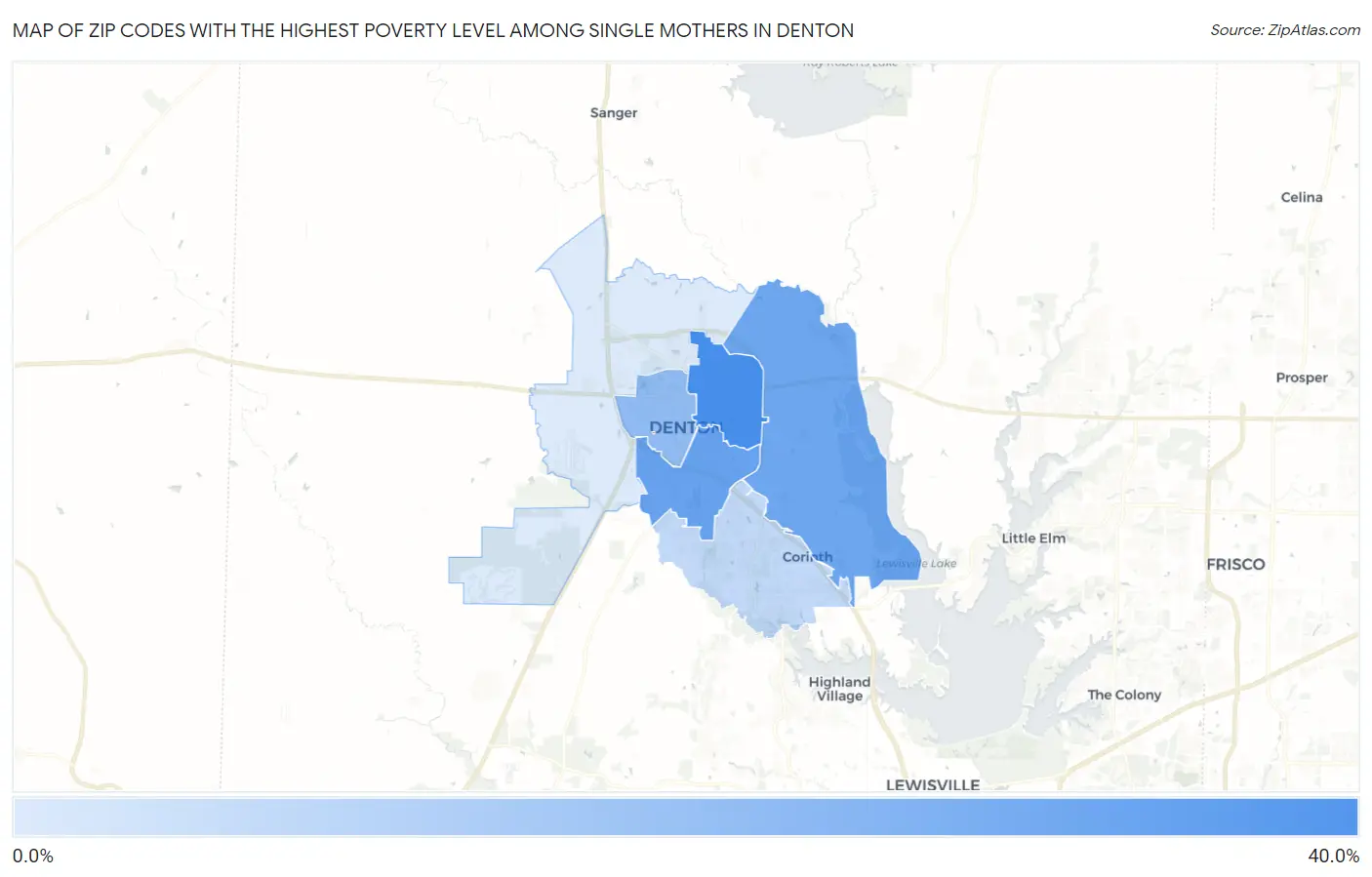 Zip Codes with the Highest Poverty Level Among Single Mothers in Denton Map