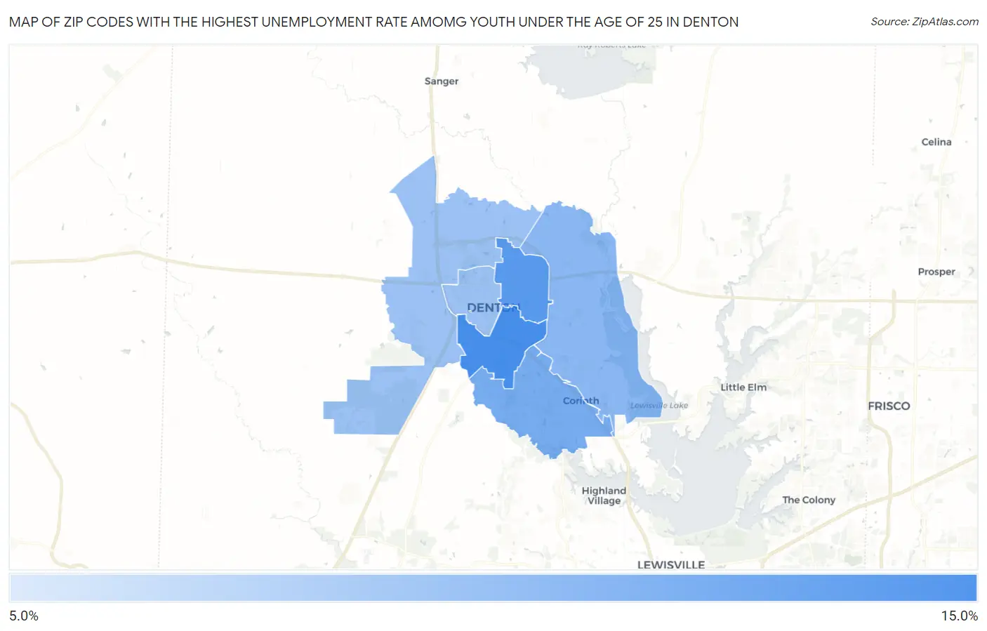 Zip Codes with the Highest Unemployment Rate Amomg Youth Under the Age of 25 in Denton Map