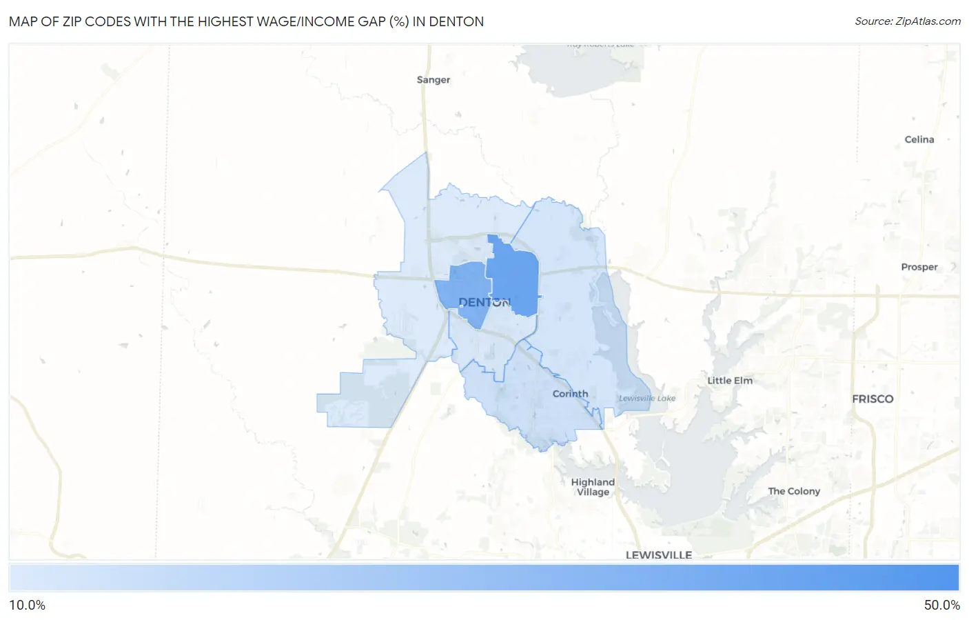 Zip Codes with the Highest Wage/Income Gap (%) in Denton Map