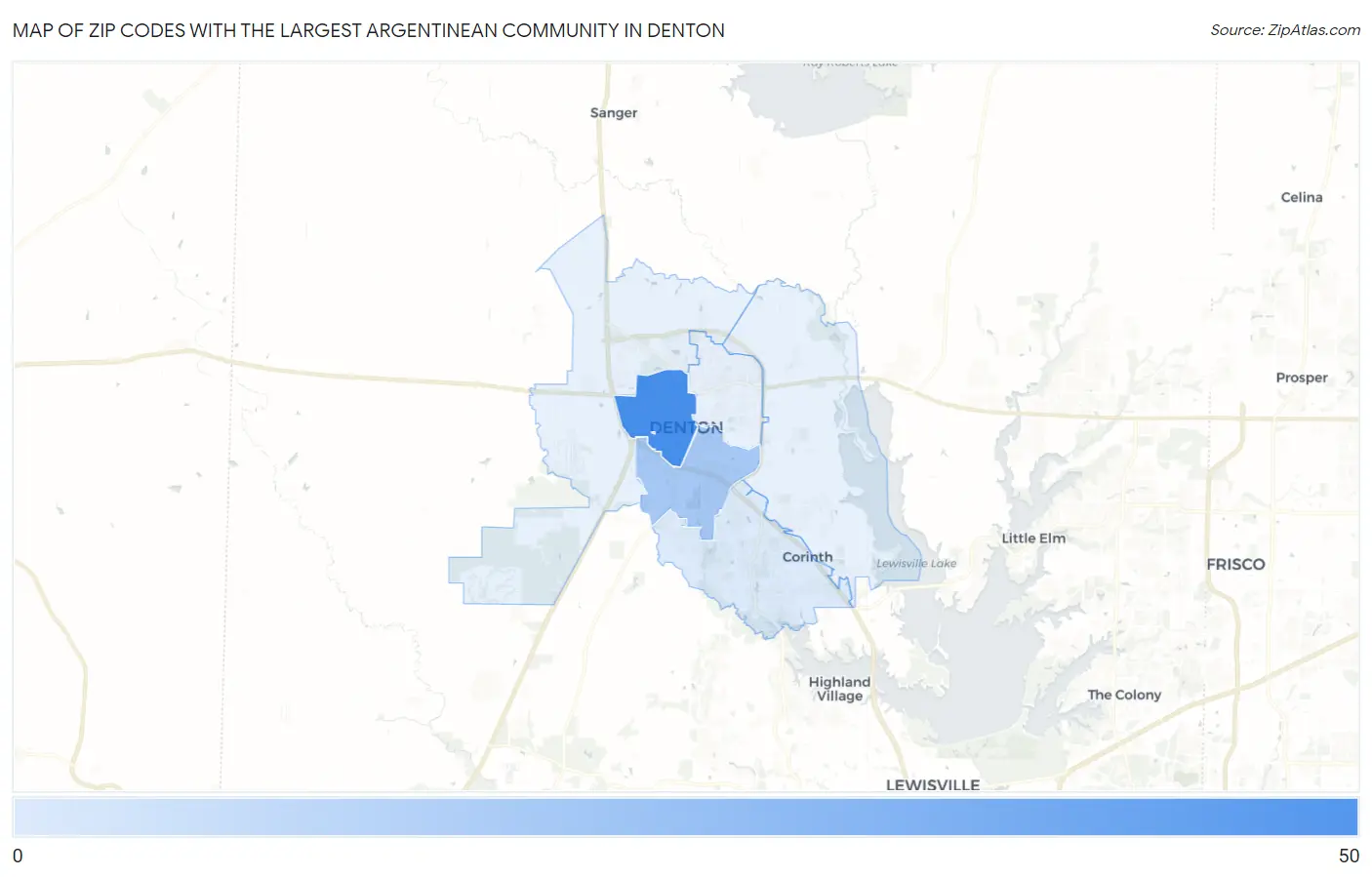 Zip Codes with the Largest Argentinean Community in Denton Map