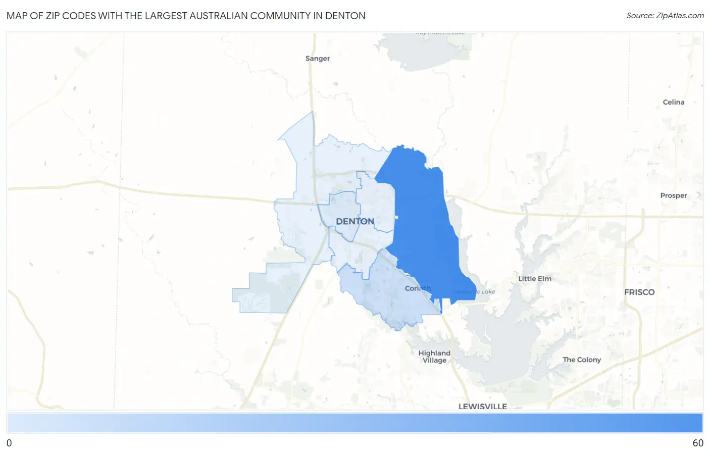 Zip Codes with the Largest Australian Community in Denton Map