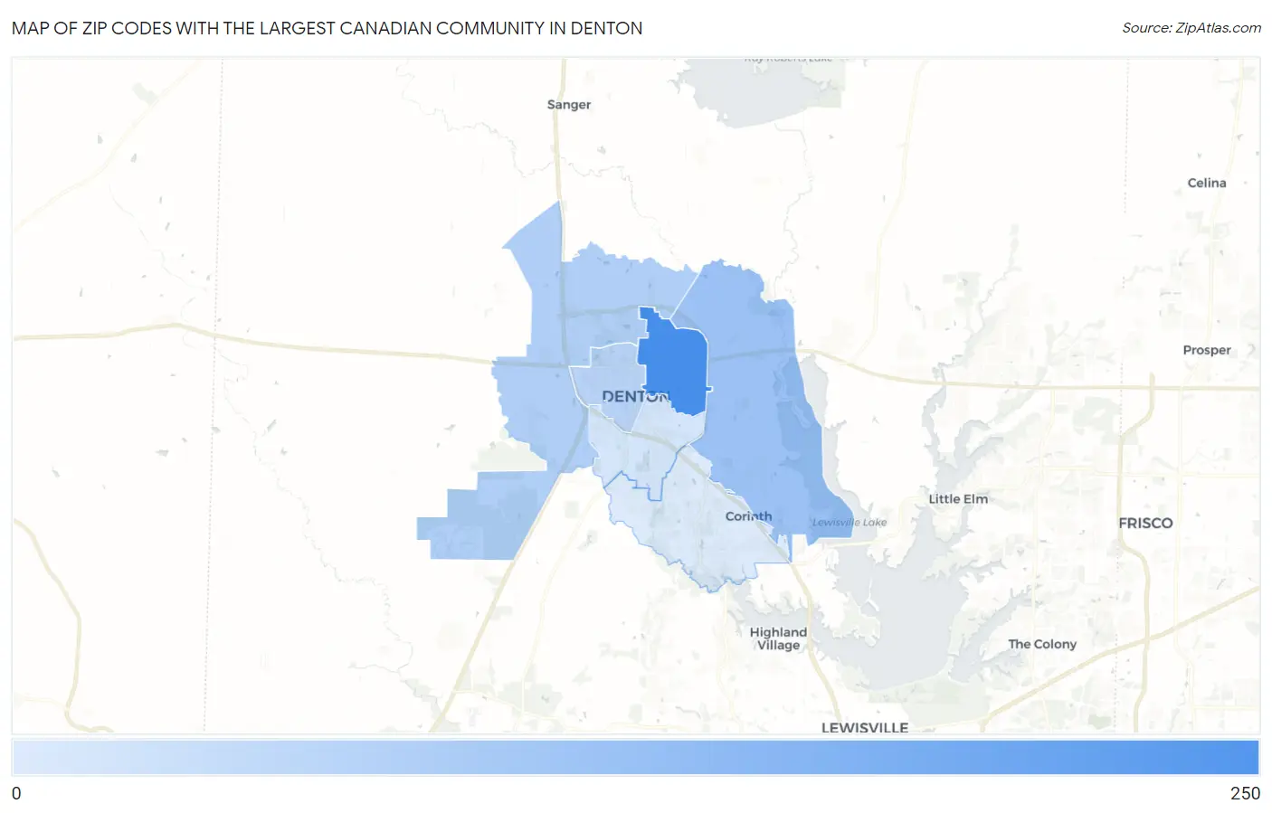 Zip Codes with the Largest Canadian Community in Denton Map