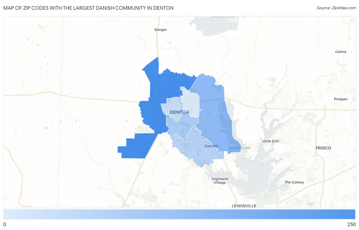 Zip Codes with the Largest Danish Community in Denton Map