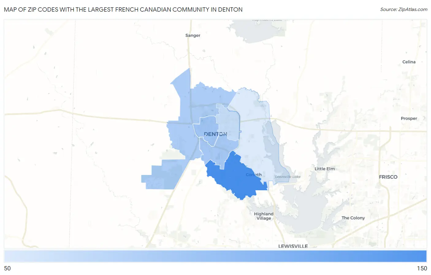 Zip Codes with the Largest French Canadian Community in Denton Map