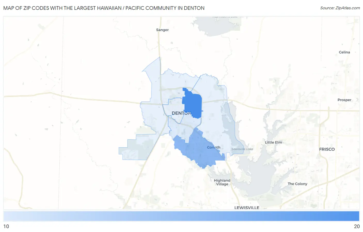 Zip Codes with the Largest Hawaiian / Pacific Community in Denton Map