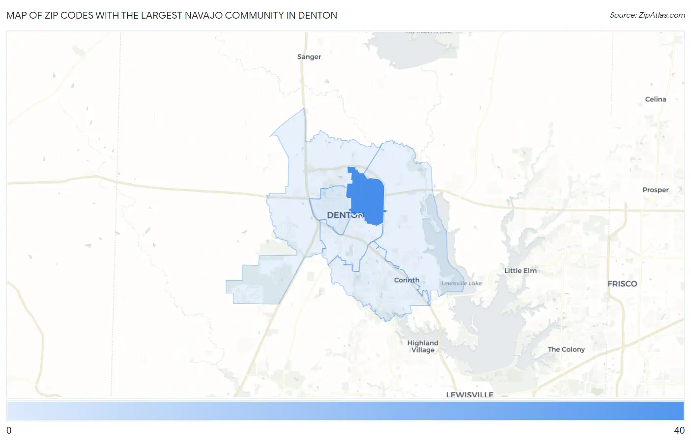 Zip Codes with the Largest Navajo Community in Denton Map