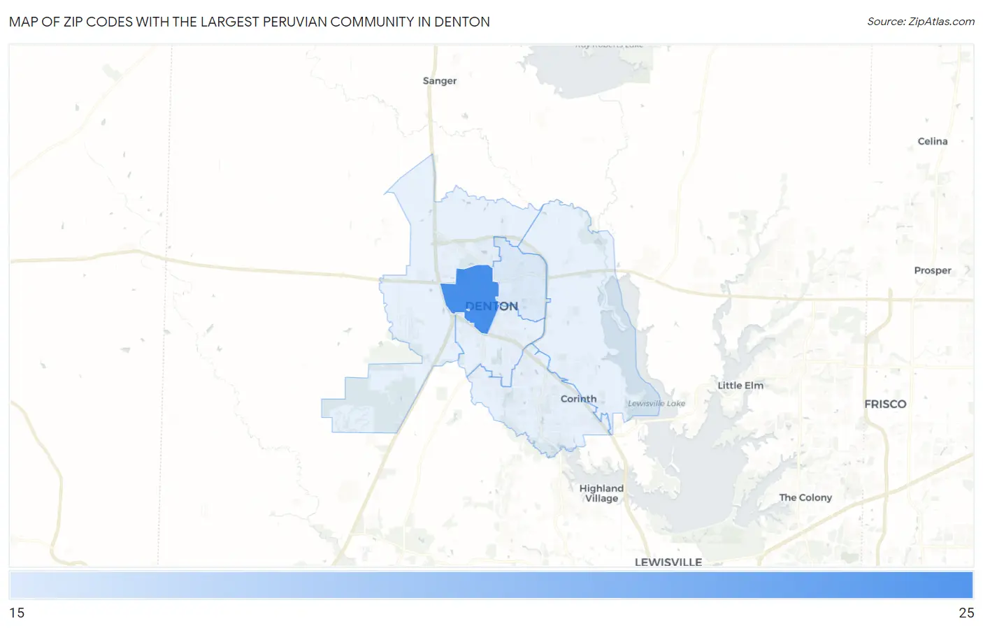 Zip Codes with the Largest Peruvian Community in Denton Map