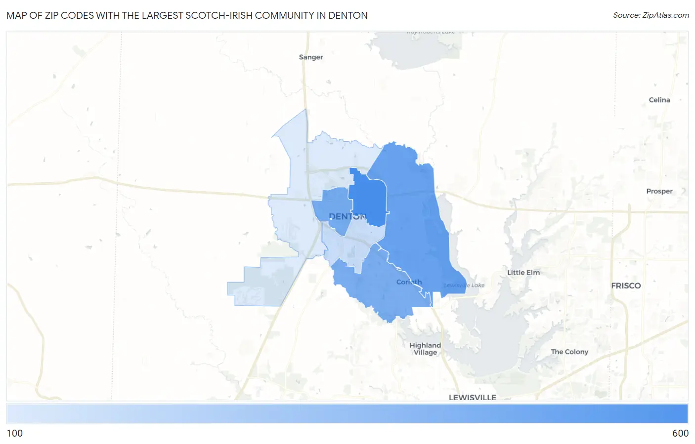 Zip Codes with the Largest Scotch-Irish Community in Denton Map