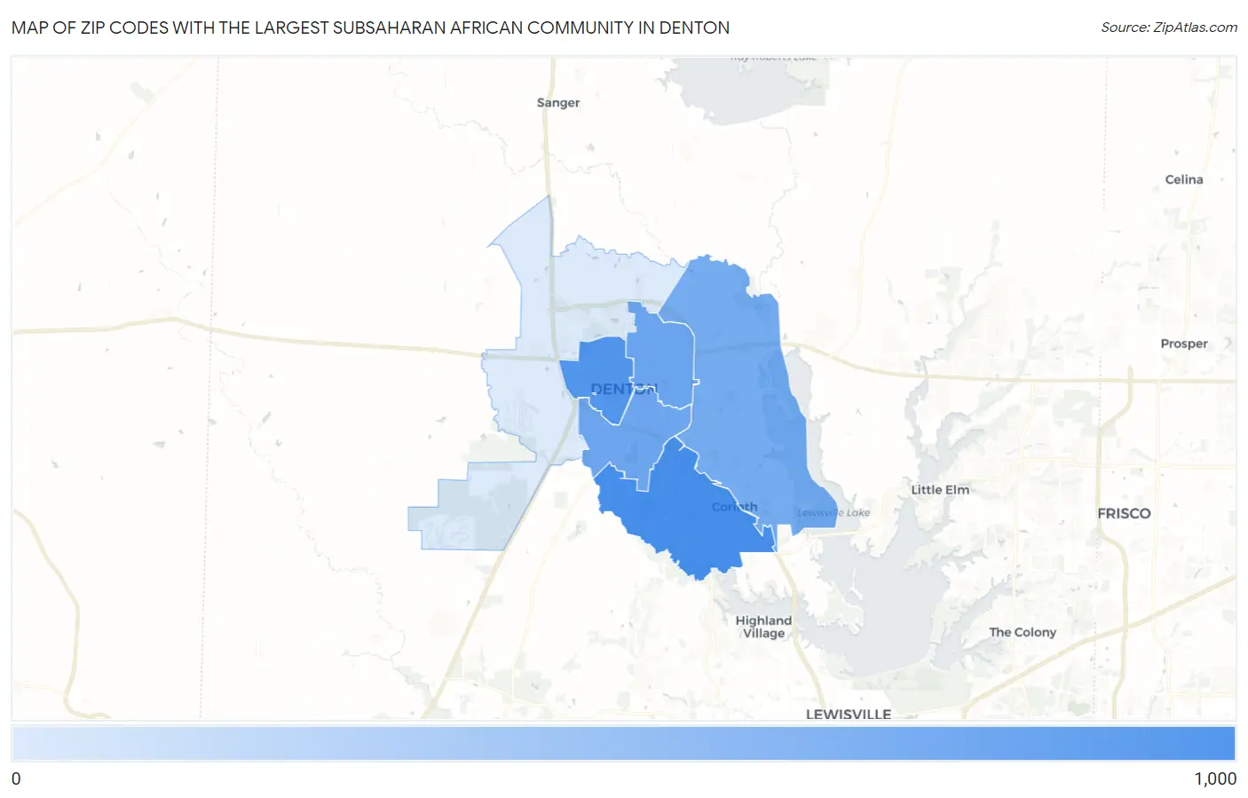 Zip Codes with the Largest Subsaharan African Community in Denton Map