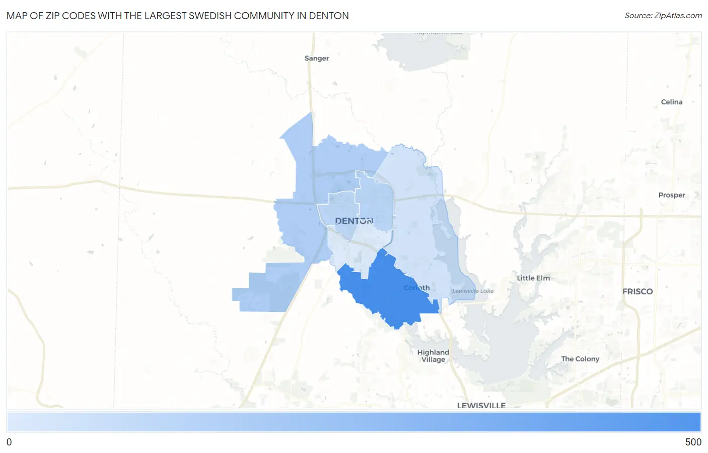 Zip Codes with the Largest Swedish Community in Denton Map