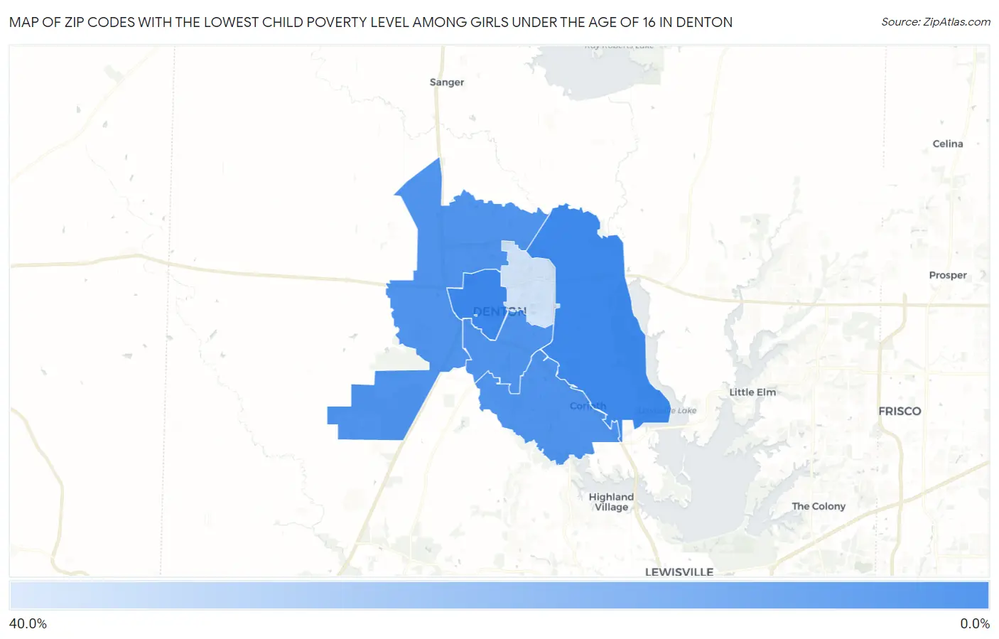 Zip Codes with the Lowest Child Poverty Level Among Girls Under the Age of 16 in Denton Map