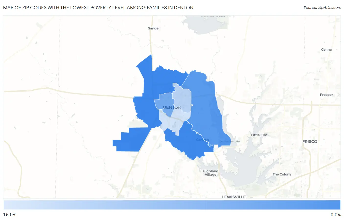 Zip Codes with the Lowest Poverty Level Among Families in Denton Map
