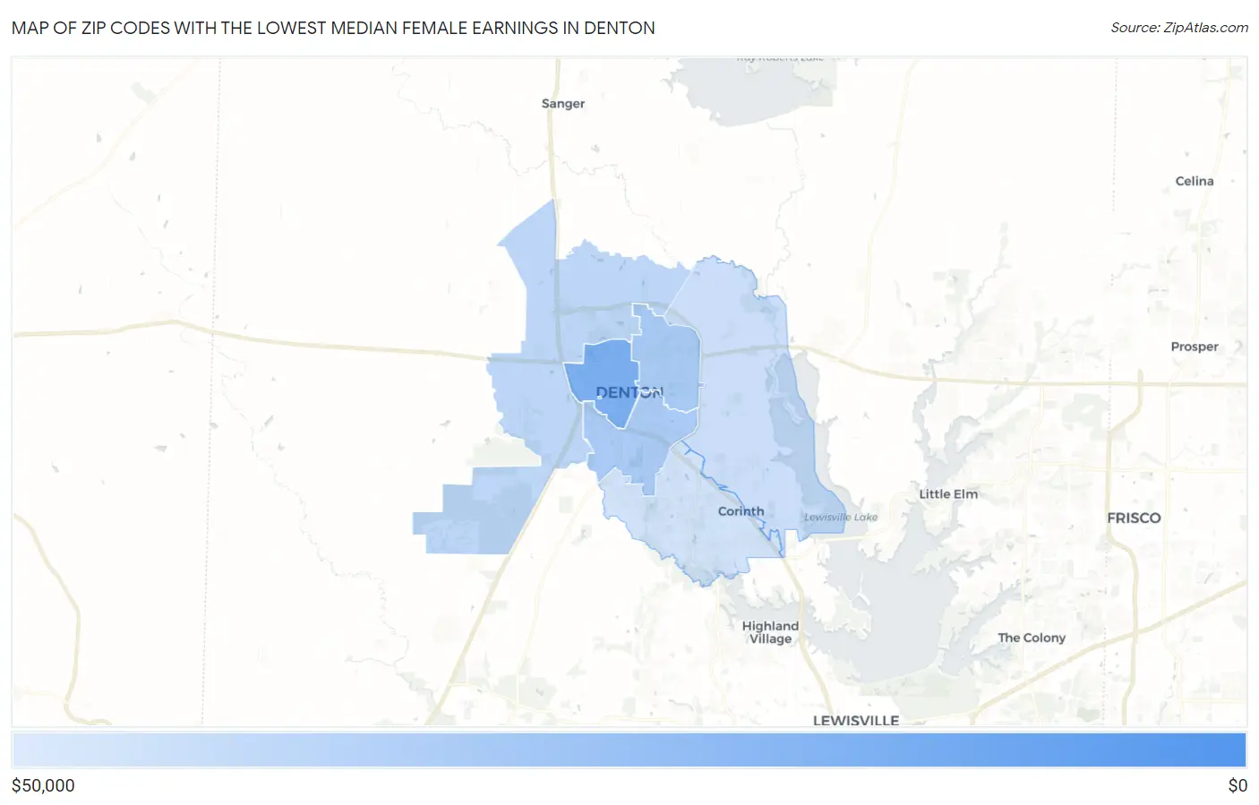 Zip Codes with the Lowest Median Female Earnings in Denton Map