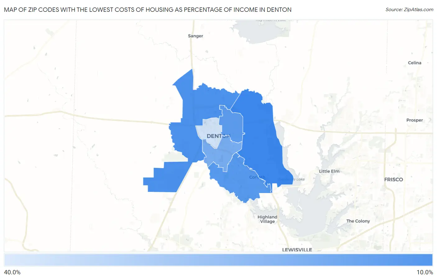 Zip Codes with the Lowest Costs of Housing as Percentage of Income in Denton Map