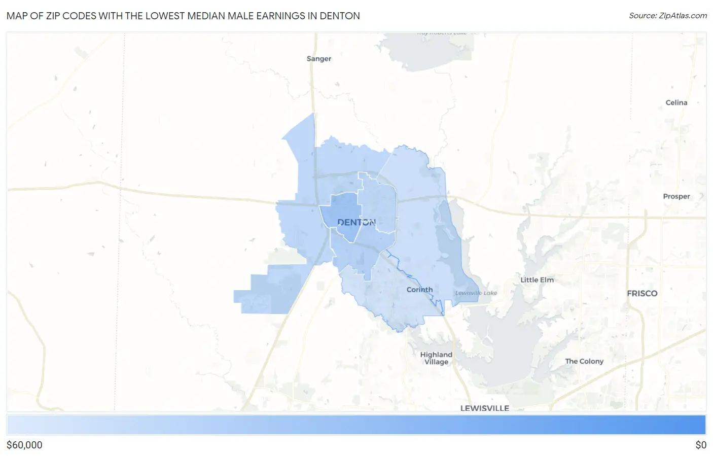 Zip Codes with the Lowest Median Male Earnings in Denton Map