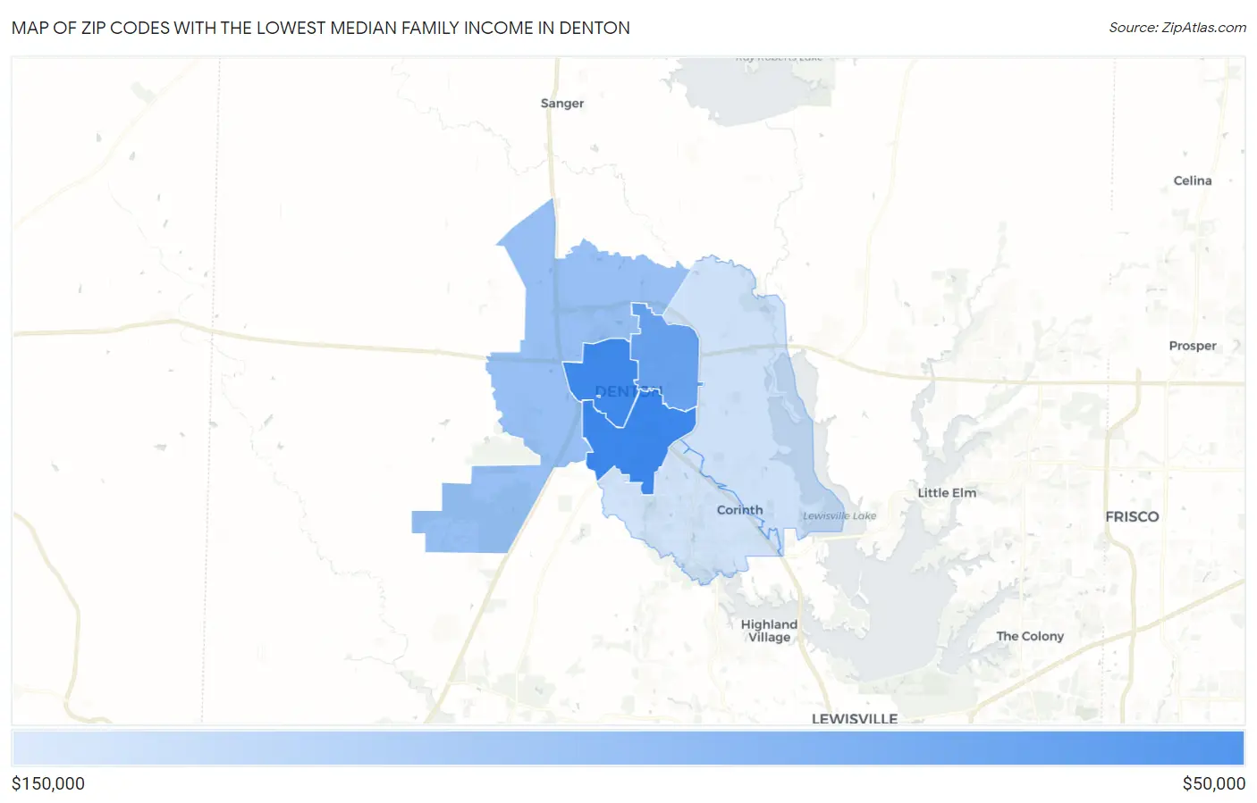 Zip Codes with the Lowest Median Family Income in Denton Map