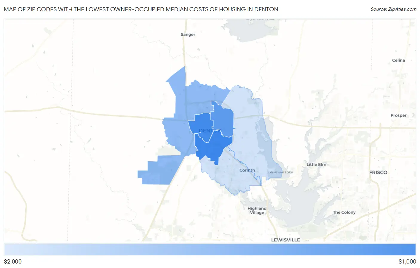 Zip Codes with the Lowest Owner-Occupied Median Costs of Housing in Denton Map
