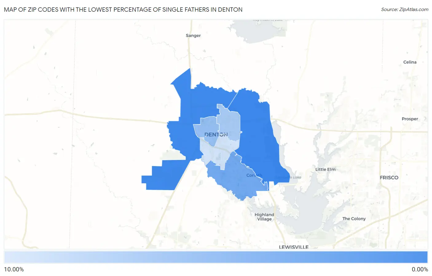 Zip Codes with the Lowest Percentage of Single Fathers in Denton Map