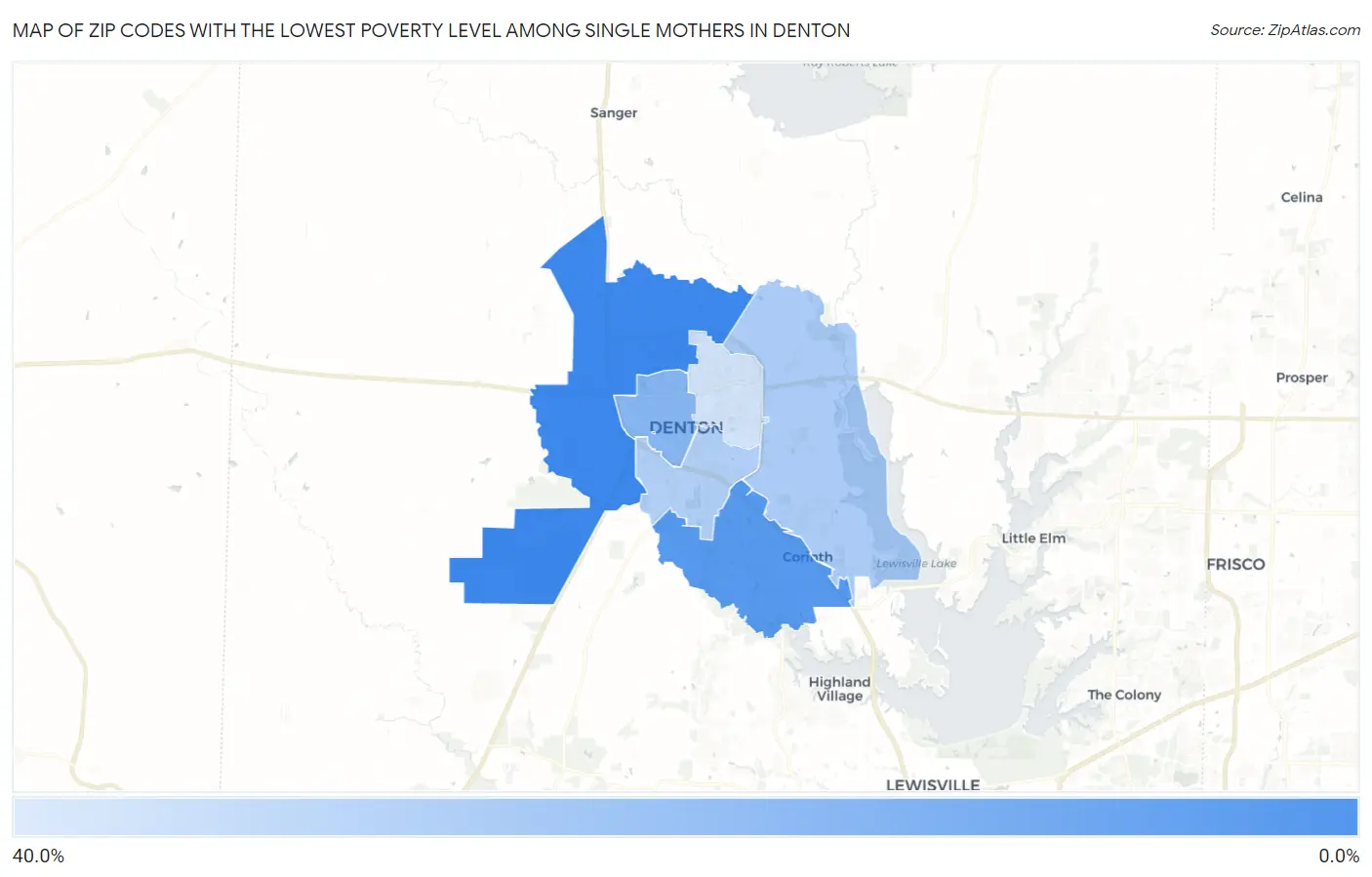 Zip Codes with the Lowest Poverty Level Among Single Mothers in Denton Map