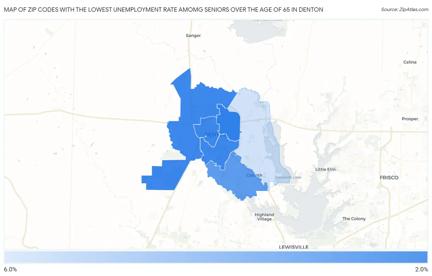Zip Codes with the Lowest Unemployment Rate Amomg Seniors Over the Age of 65 in Denton Map