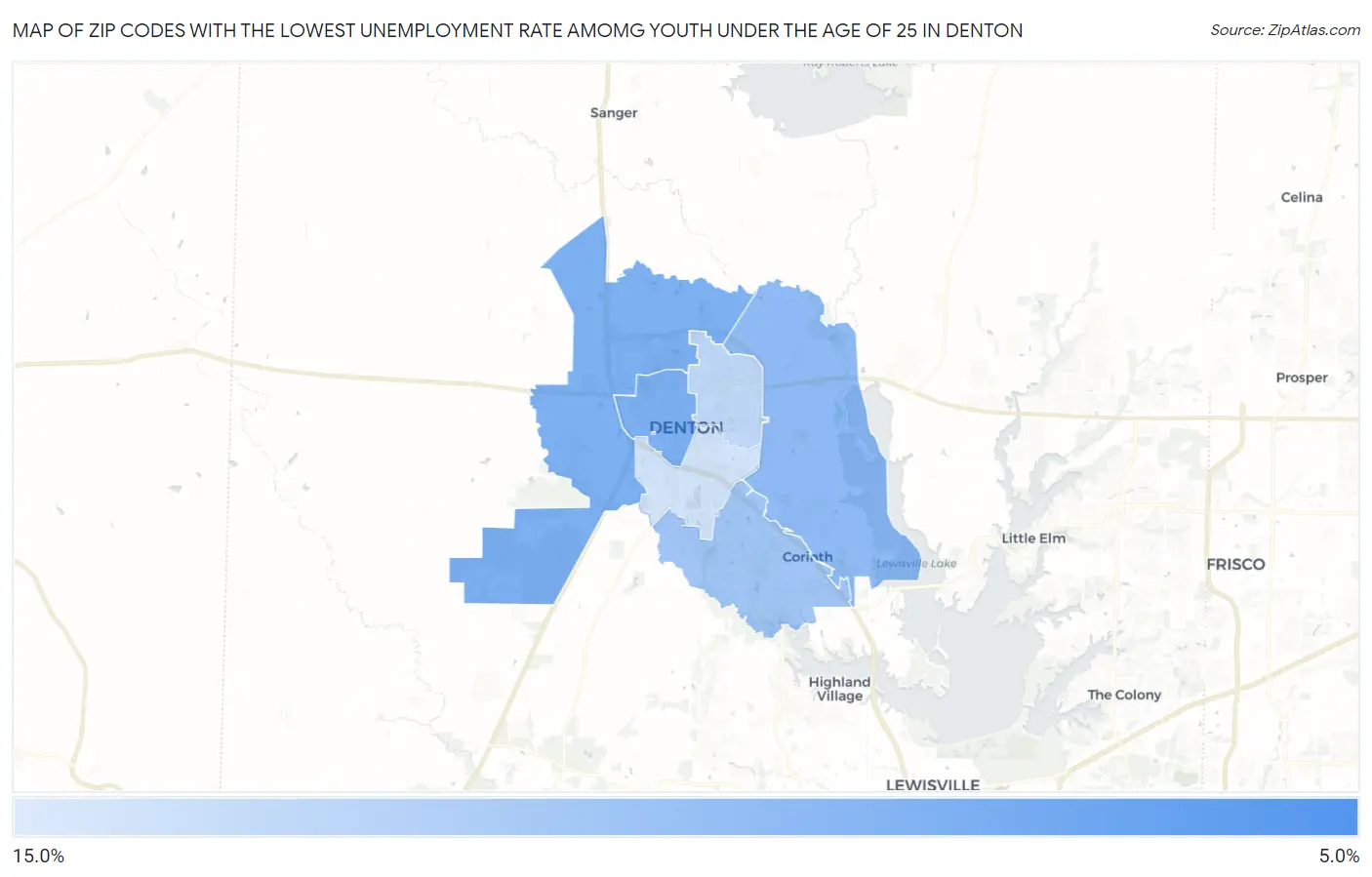 Zip Codes with the Lowest Unemployment Rate Amomg Youth Under the Age of 25 in Denton Map