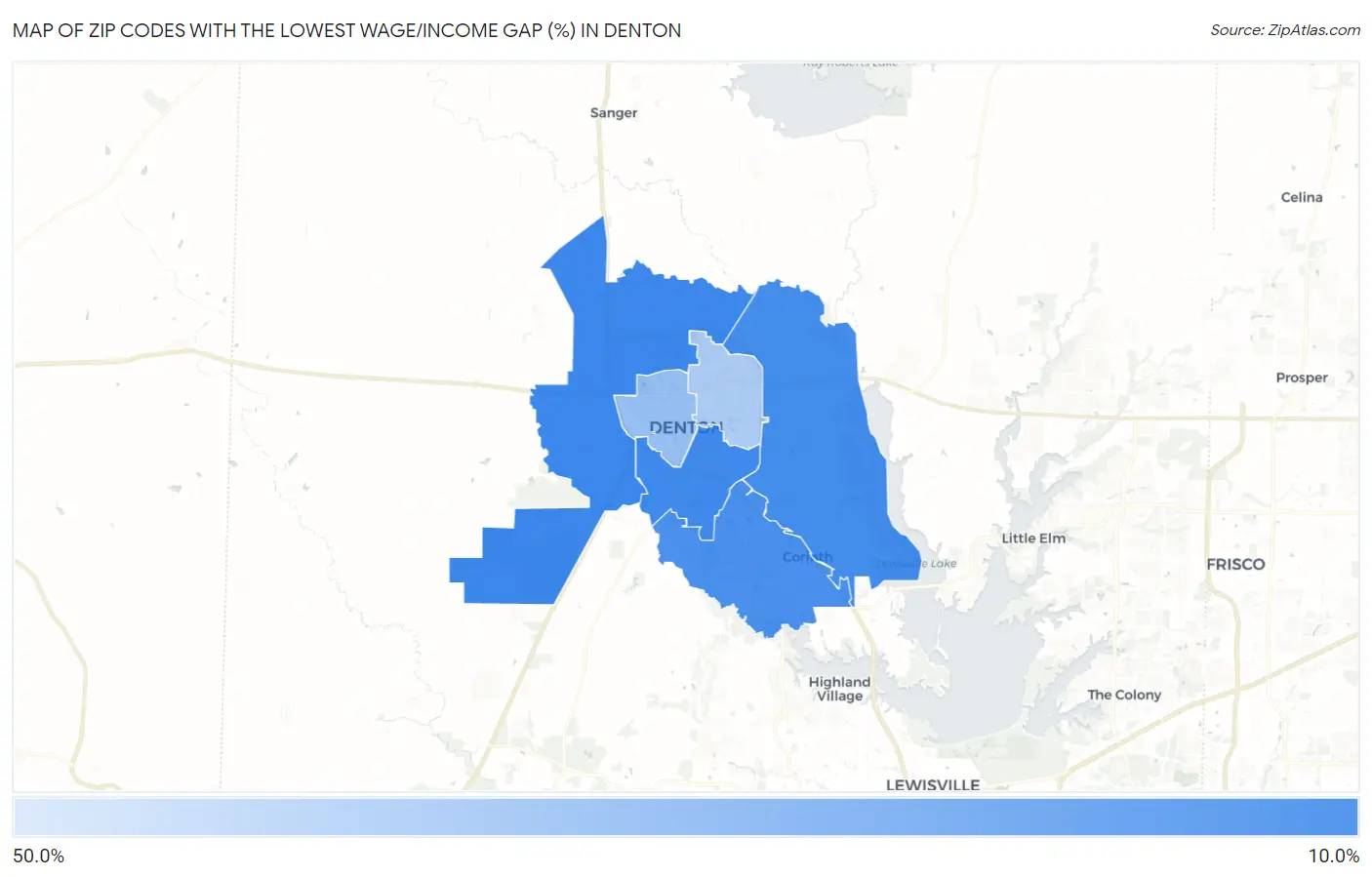 Zip Codes with the Lowest Wage/Income Gap (%) in Denton Map