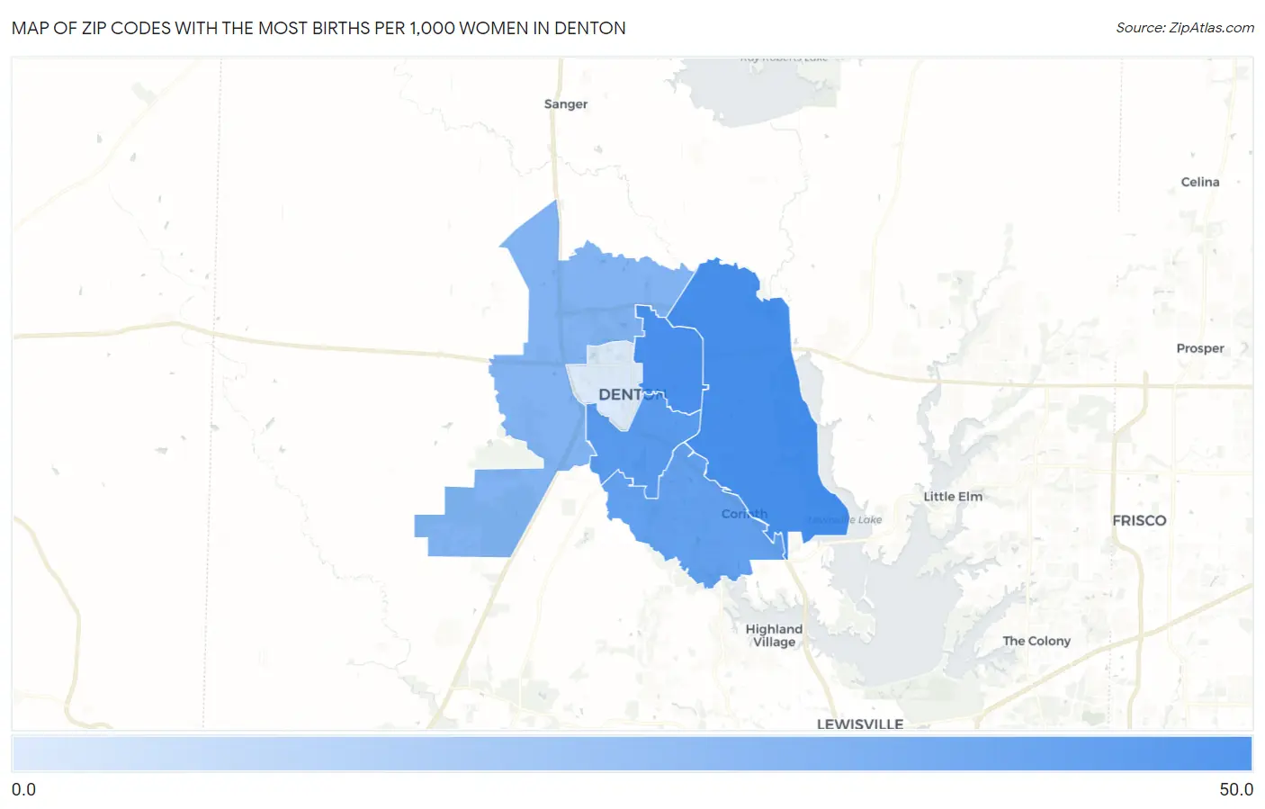 Zip Codes with the Most Births per 1,000 Women in Denton Map