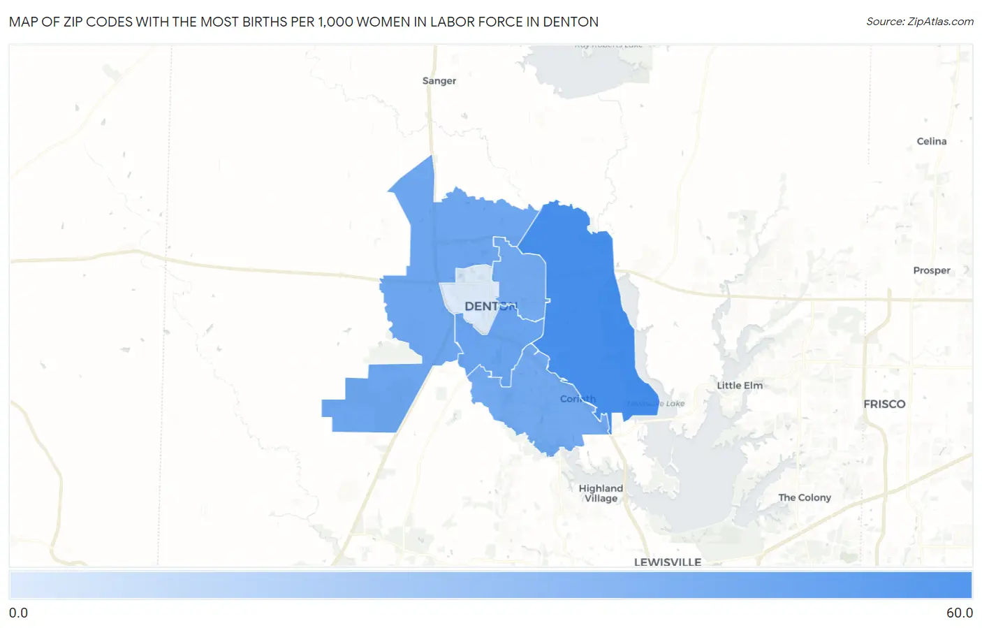 Zip Codes with the Most Births per 1,000 Women in Labor Force in Denton Map