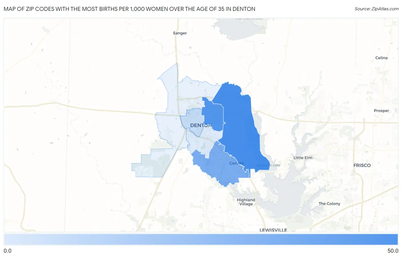 Zip Codes with the Most Births per 1,000 Women Over the Age of 35 in Denton Map