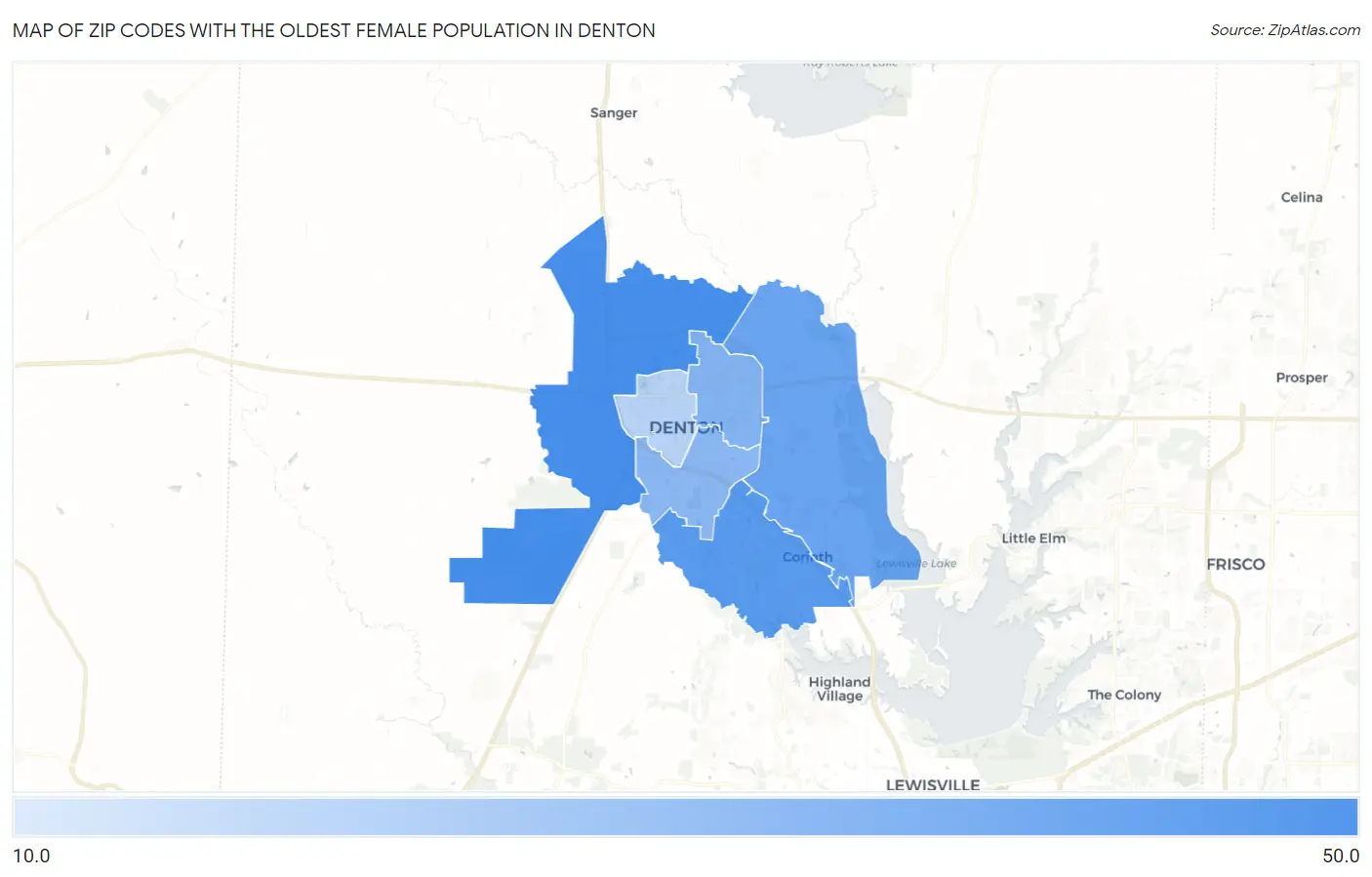 Zip Codes with the Oldest Female Population in Denton Map