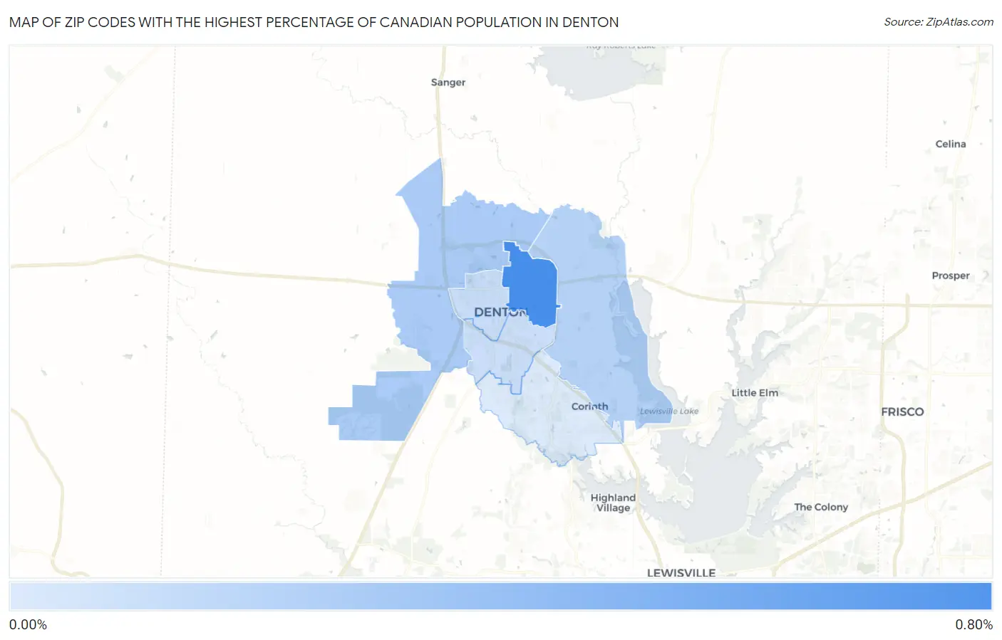 Zip Codes with the Highest Percentage of Canadian Population in Denton Map