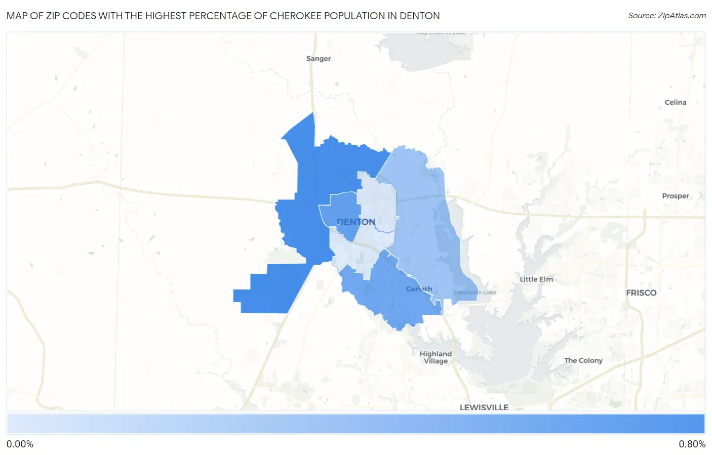 Zip Codes with the Highest Percentage of Cherokee Population in Denton Map