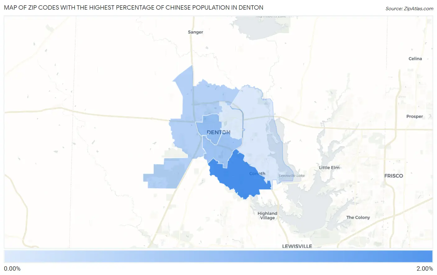 Zip Codes with the Highest Percentage of Chinese Population in Denton Map