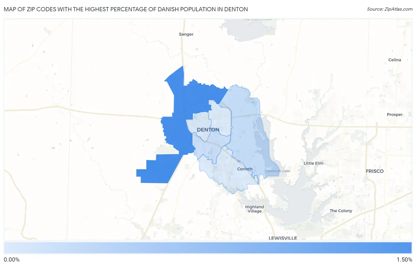 Zip Codes with the Highest Percentage of Danish Population in Denton Map